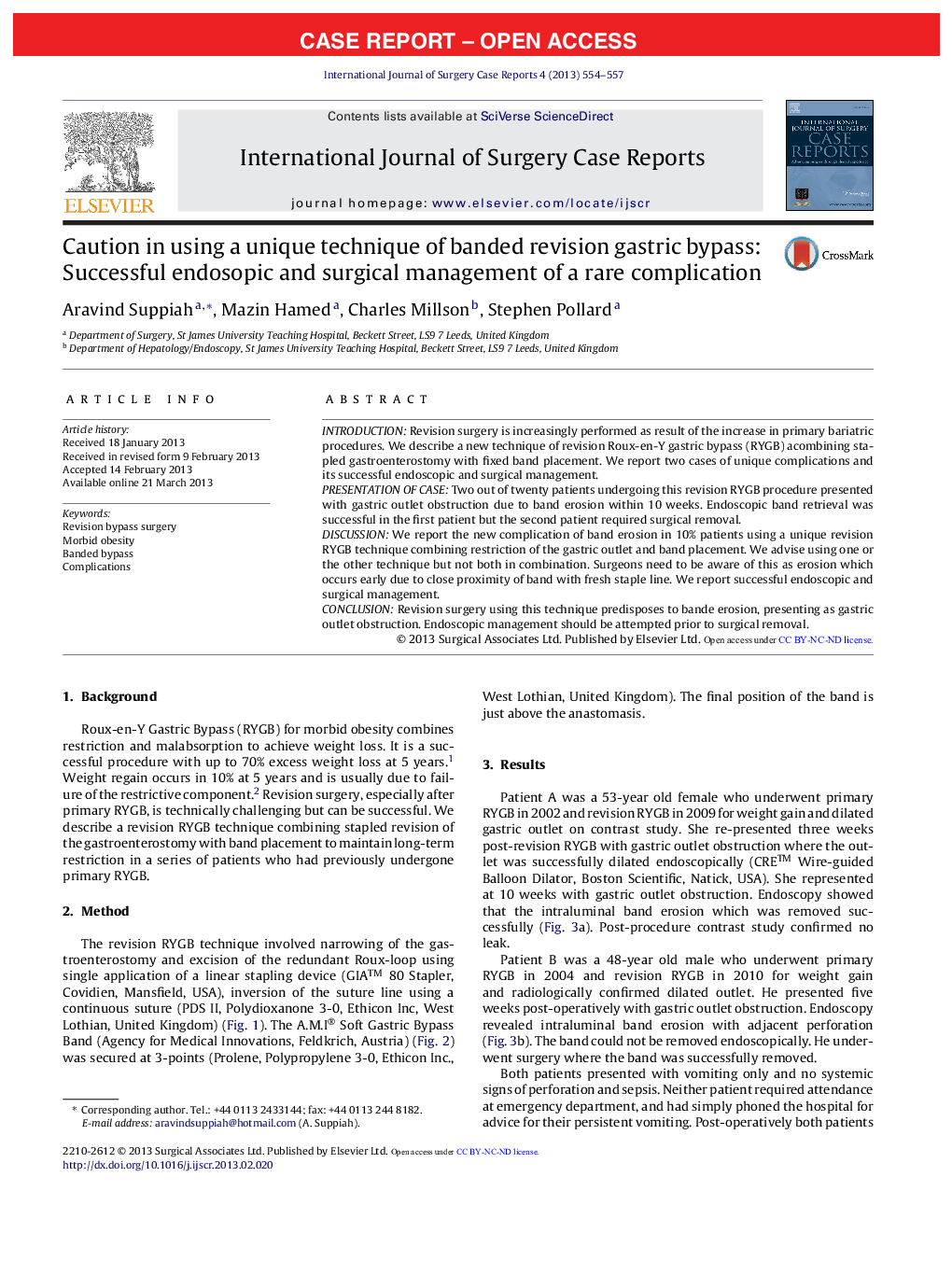 Caution in using a unique technique of banded revision gastric bypass: Successful endosopic and surgical management of a rare complication