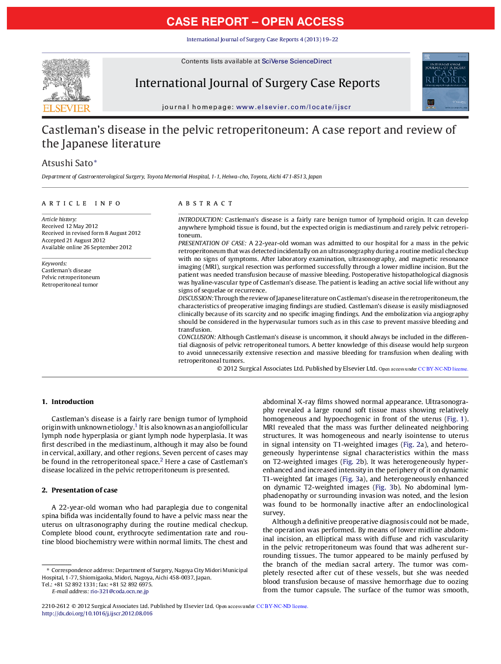 Castleman's disease in the pelvic retroperitoneum: A case report and review of the Japanese literature