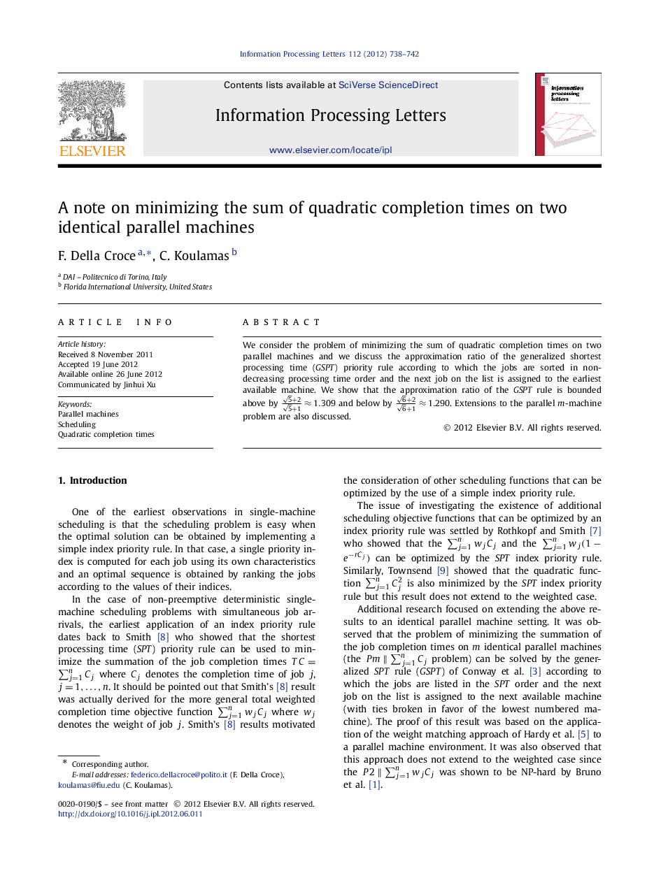 A note on minimizing the sum of quadratic completion times on two identical parallel machines