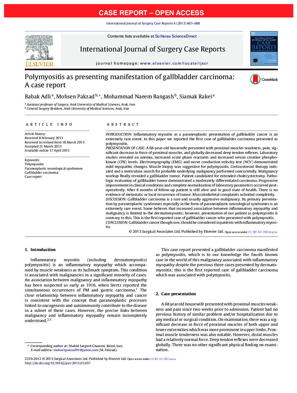 Polymyositis as presenting manifestation of gallbladder carcinoma: A case report