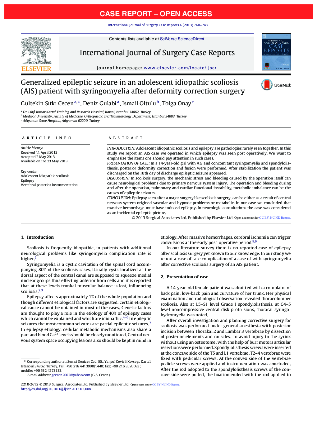 Generalized epileptic seizure in an adolescent idiopathic scoliosis (AIS) patient with syringomyelia after deformity correction surgery