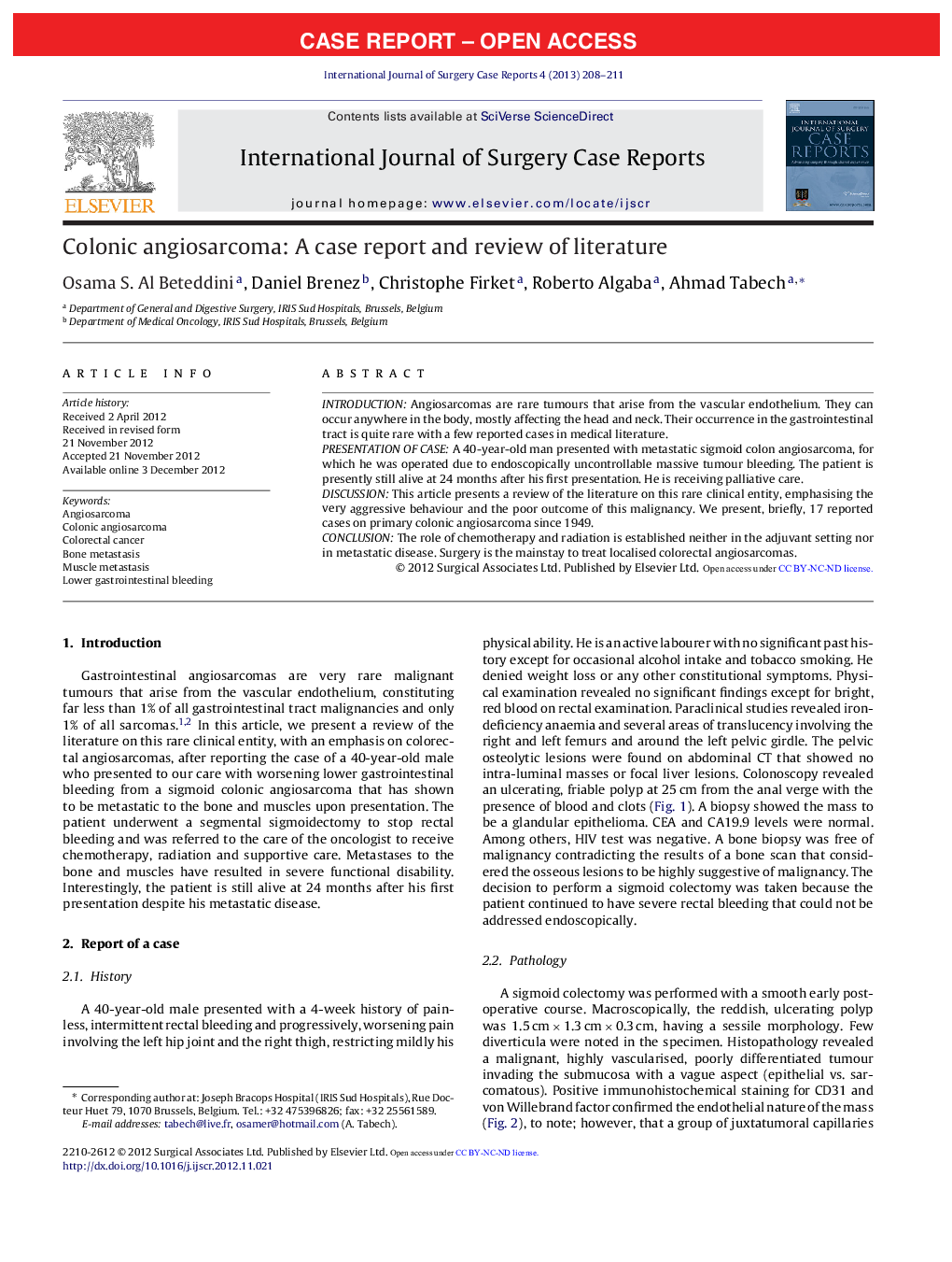 Colonic angiosarcoma: A case report and review of literature