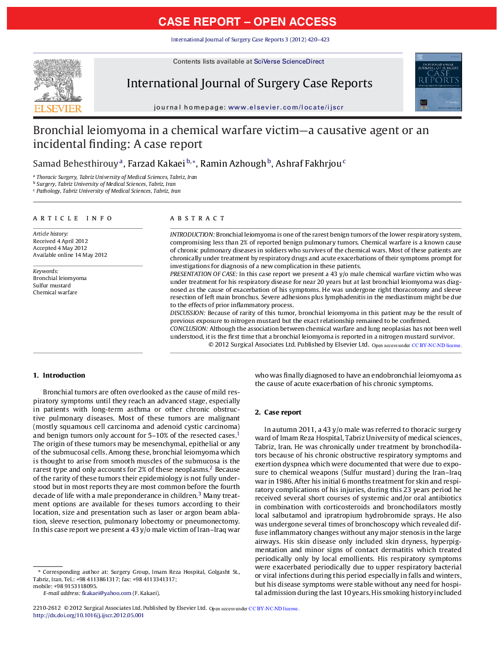 Bronchial leiomyoma in a chemical warfare victim—a causative agent or an incidental finding: A case report