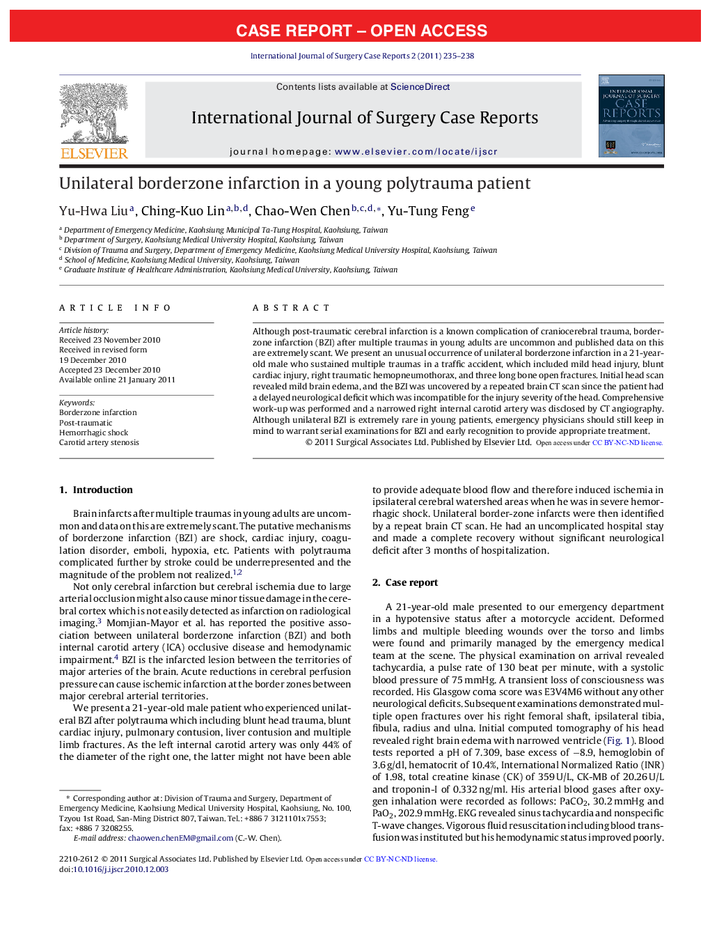 Unilateral borderzone infarction in a young polytrauma patient