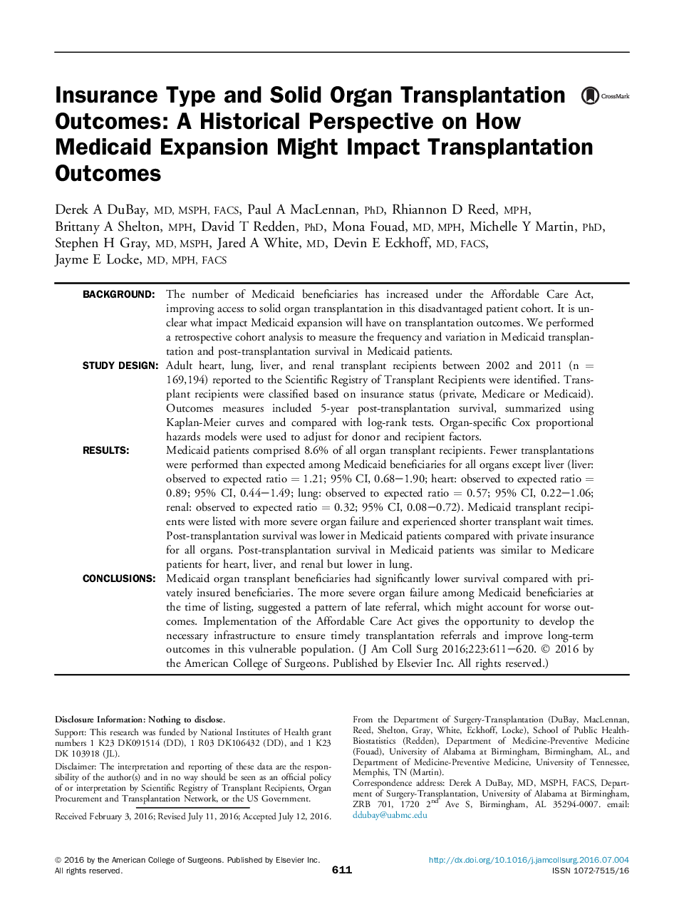 Insurance Type and Solid Organ Transplantation Outcomes: A Historical Perspective on How Medicaid Expansion Might Impact Transplantation Outcomes