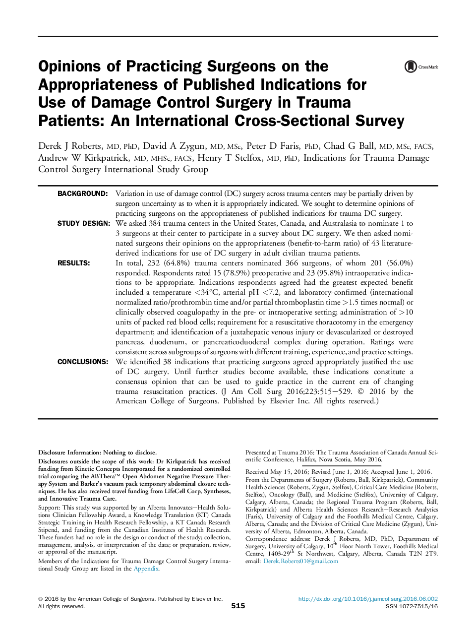 Opinions of Practicing Surgeons on the Appropriateness of Published Indications for Use of Damage Control Surgery in Trauma Patients: An International Cross-Sectional Survey 