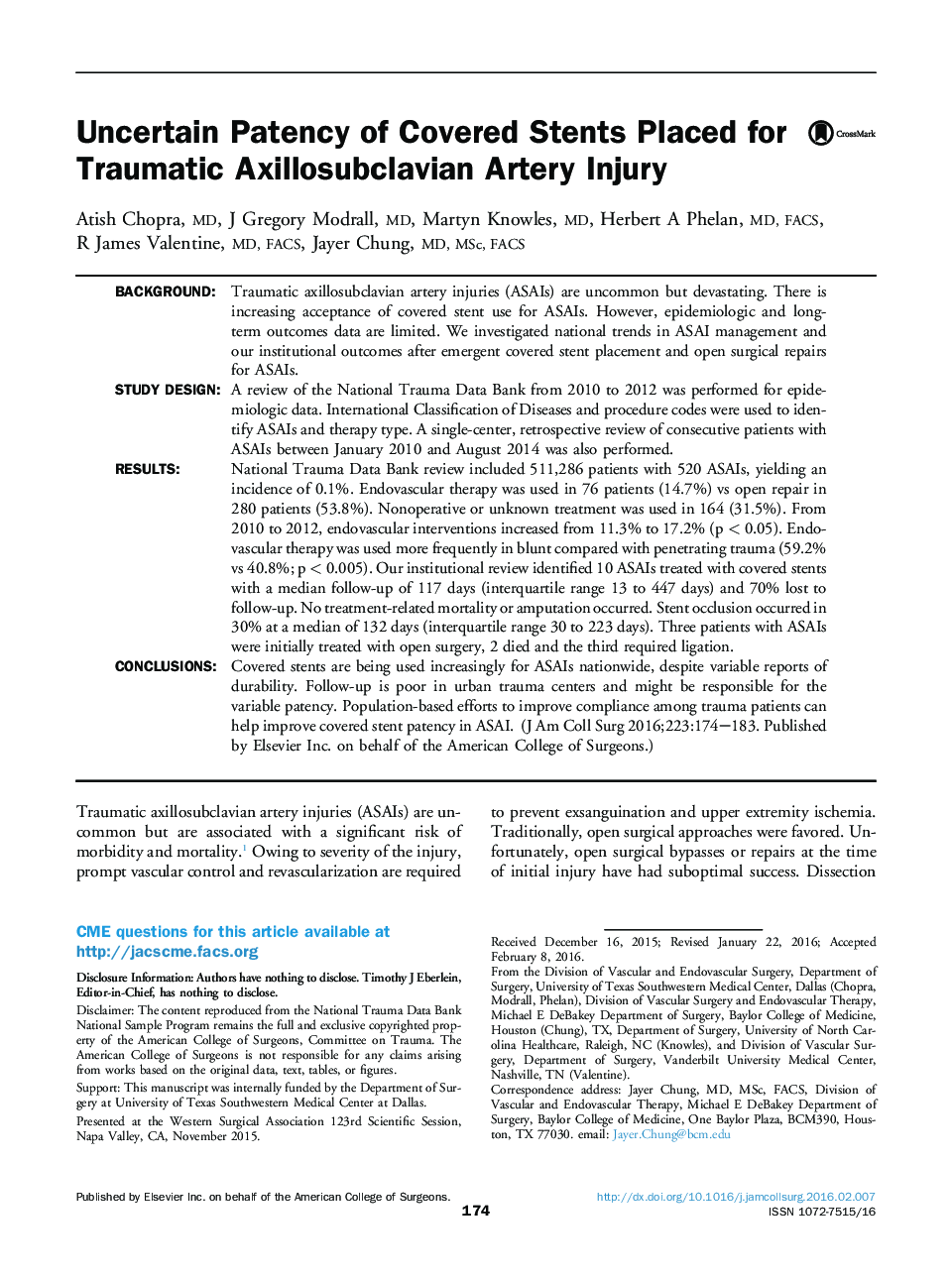 Uncertain Patency of Covered Stents Placed for Traumatic Axillosubclavian Artery Injury 