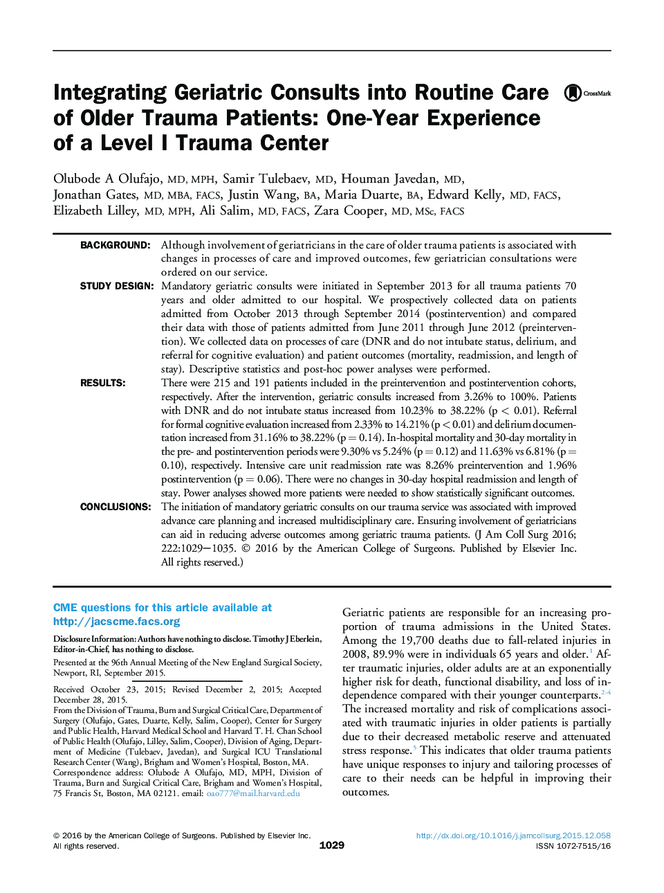 Integrating Geriatric Consults into Routine Care of Older Trauma Patients: One-Year Experience of a Level I Trauma Center 