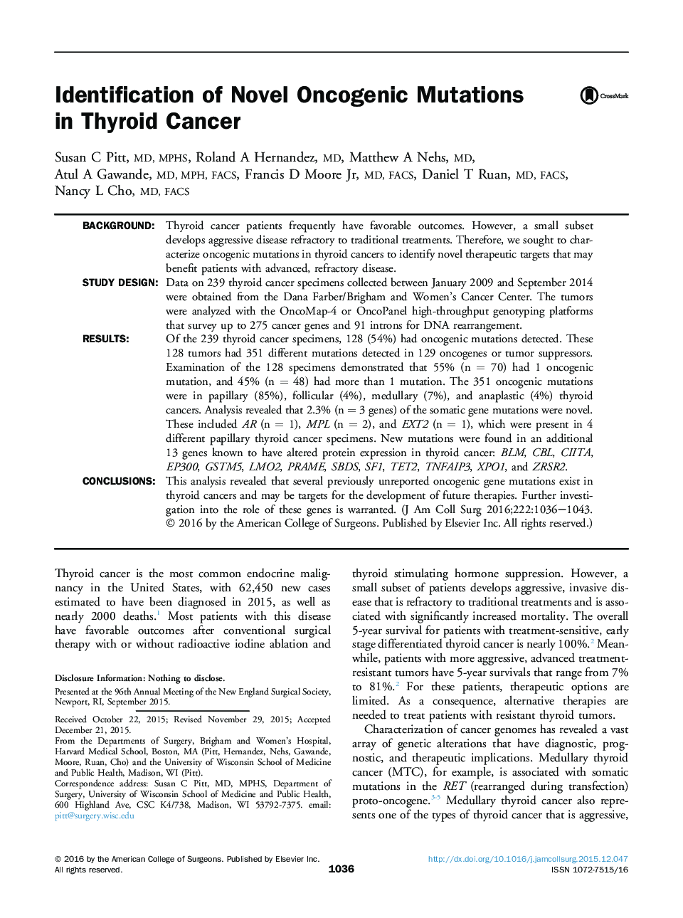 Identification of Novel Oncogenic Mutations inÂ Thyroid Cancer