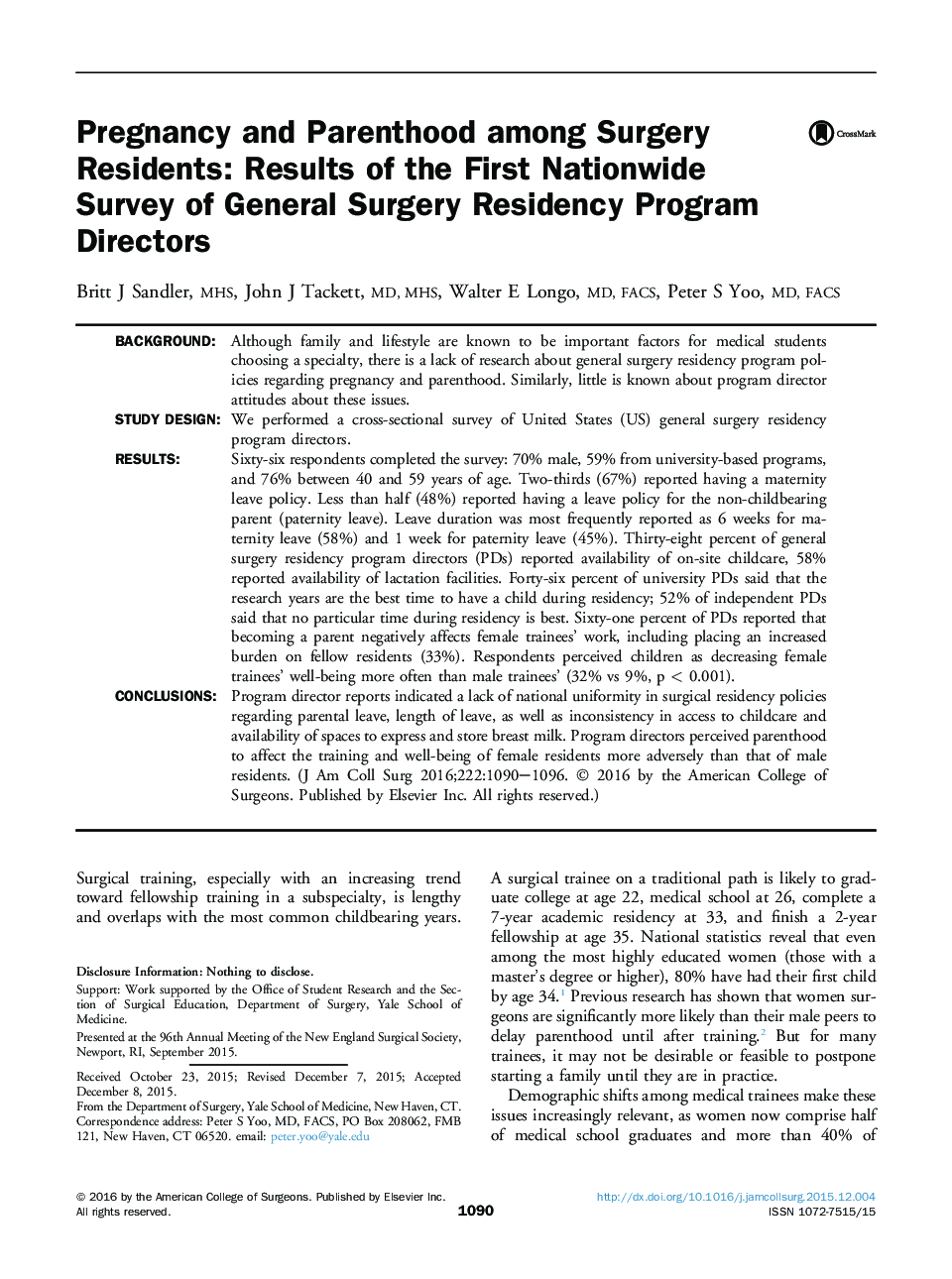 Pregnancy and Parenthood among Surgery Residents: Results of the First Nationwide Survey of General Surgery Residency Program Directors 