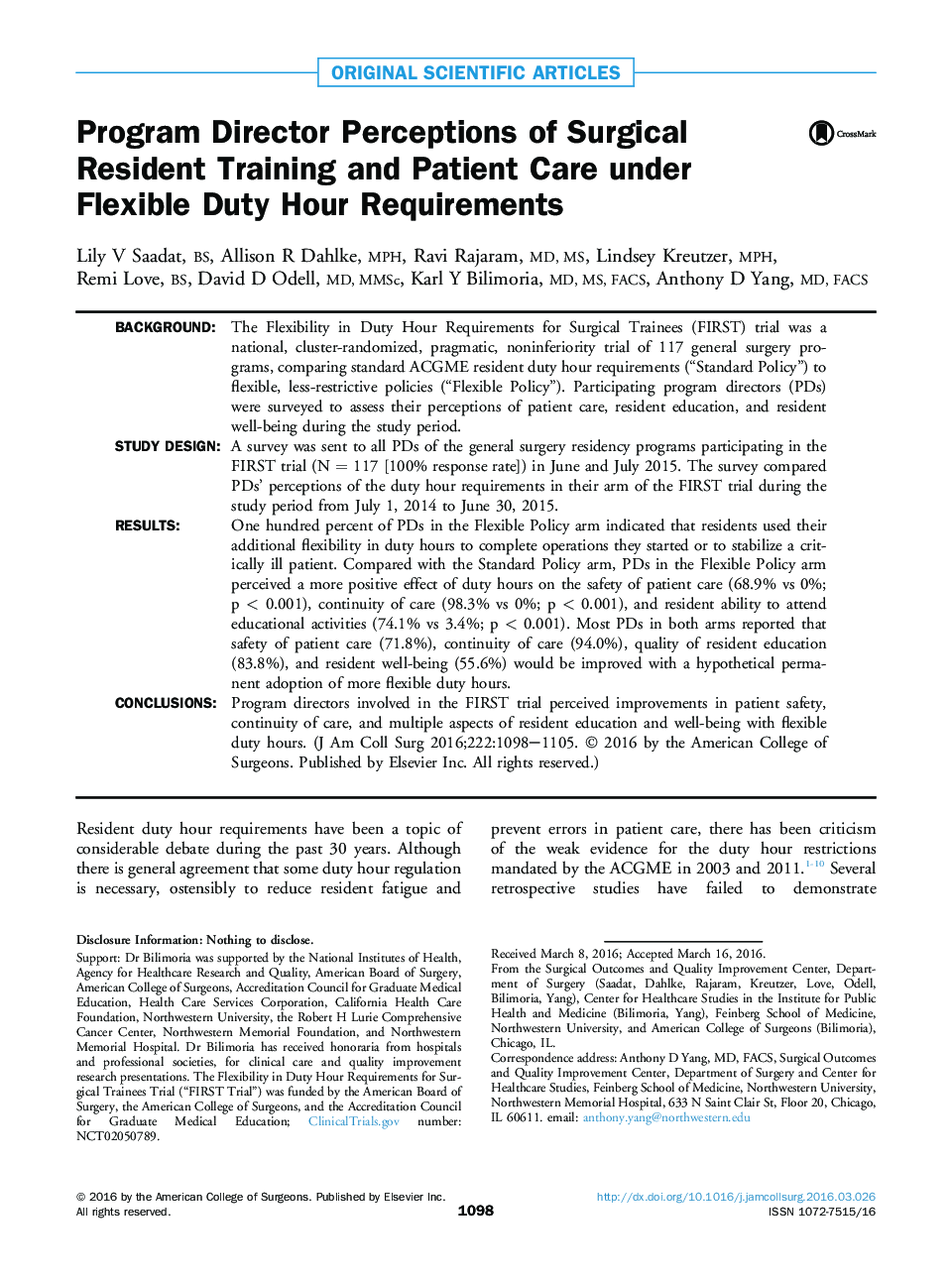 Program Director Perceptions of Surgical Resident Training and Patient Care under Flexible Duty Hour Requirements 