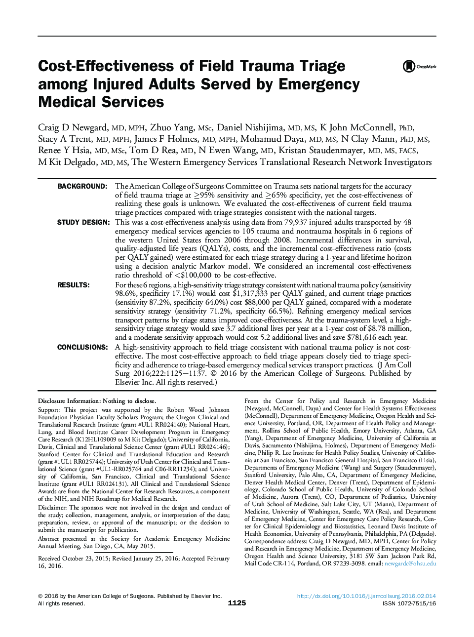 Cost-Effectiveness of Field Trauma Triage among Injured Adults Served by Emergency Medical Services 