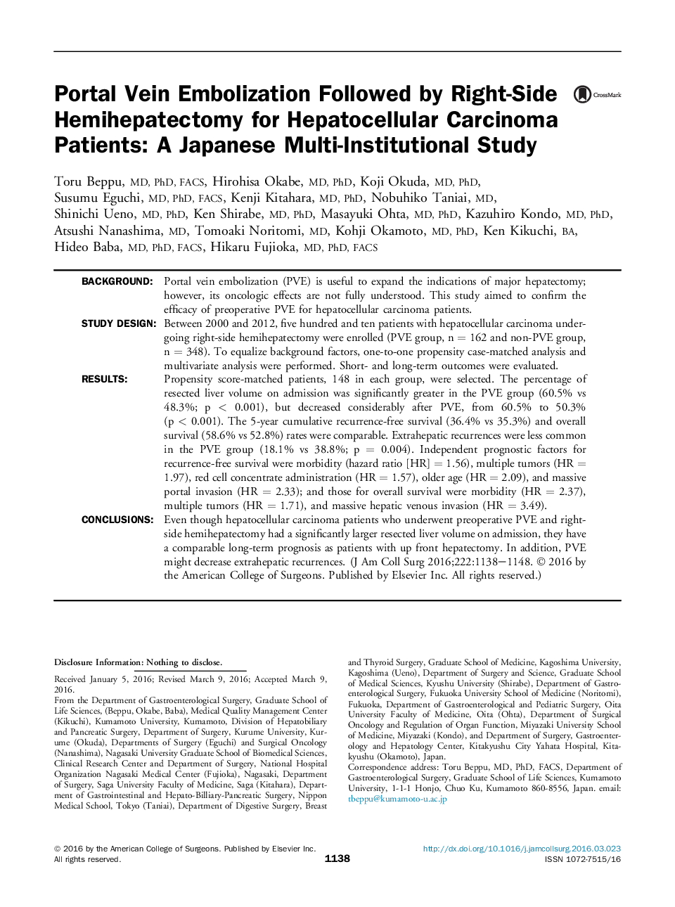 Portal Vein Embolization Followed by Right-Side Hemihepatectomy for Hepatocellular Carcinoma Patients: A Japanese Multi-Institutional Study