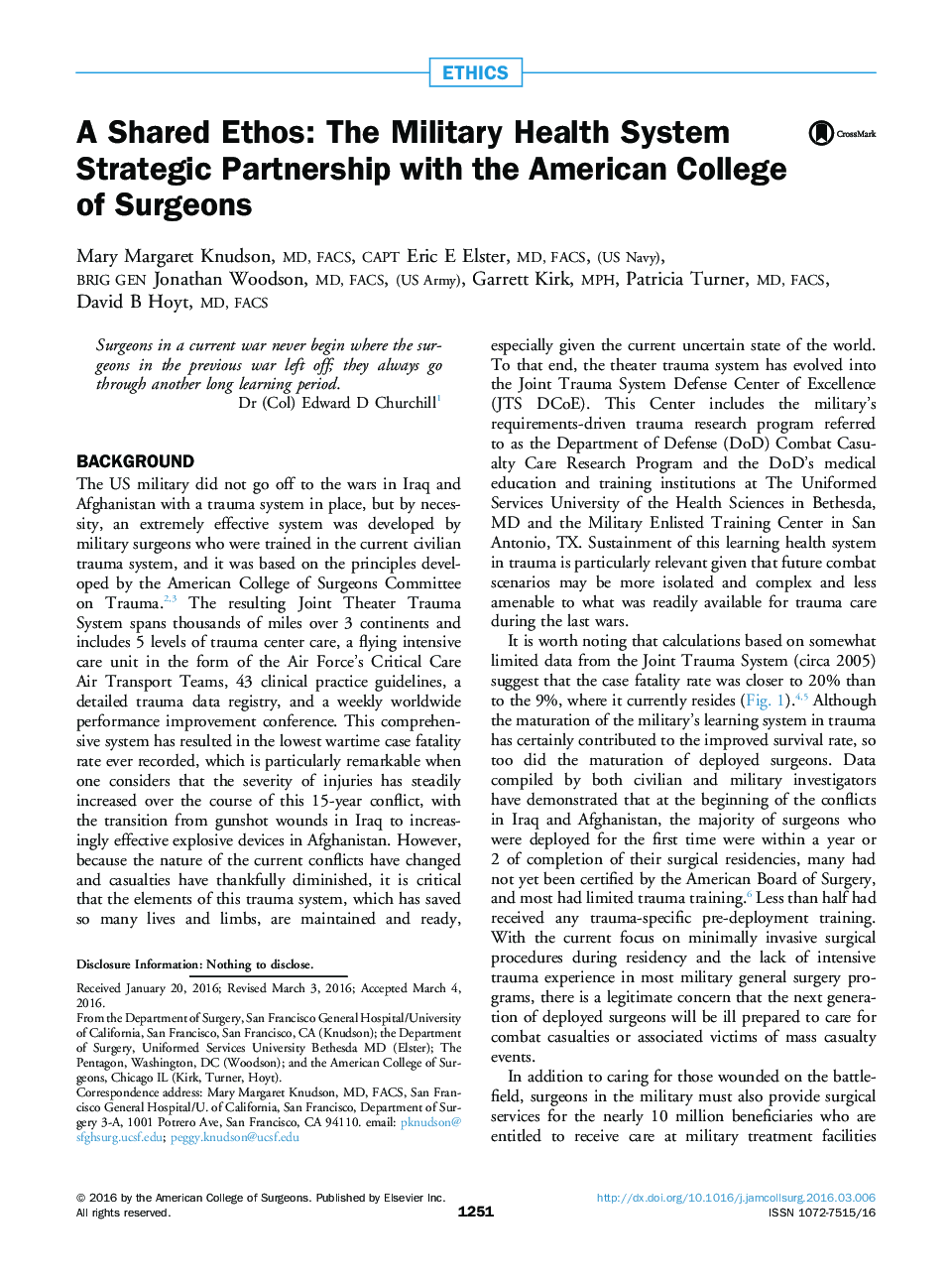 A Shared Ethos: The Military Health System Strategic Partnership with the American College of Surgeons