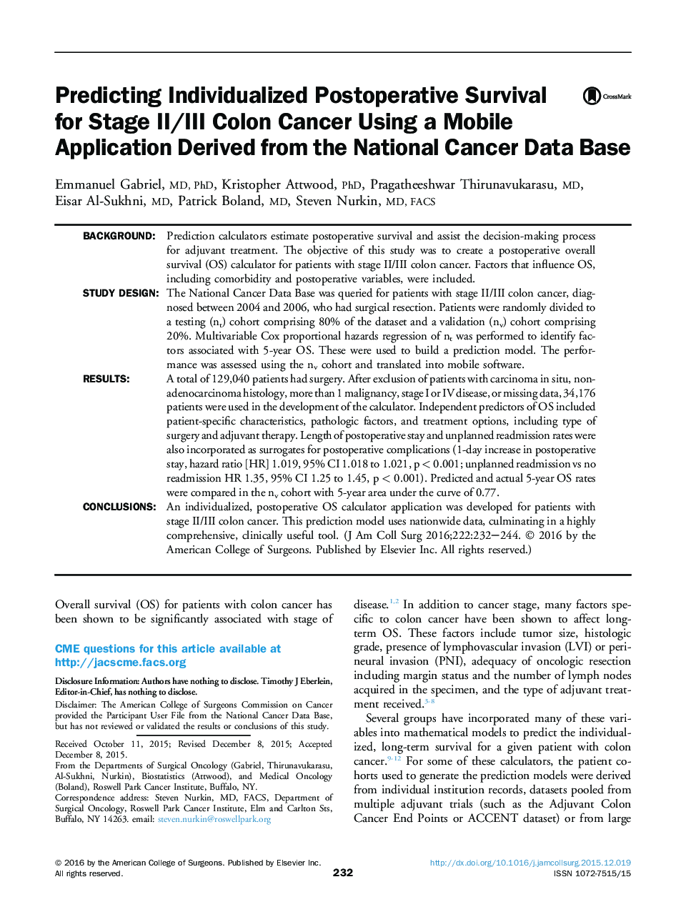 Predicting Individualized Postoperative Survival for Stage II/III Colon Cancer Using a Mobile Application Derived from the National Cancer Data Base 