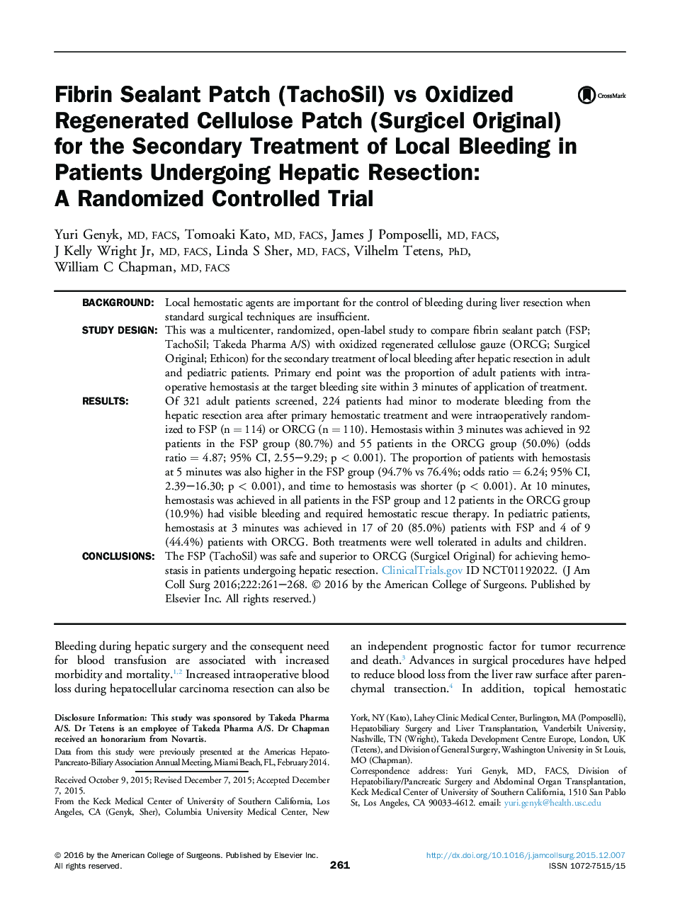 Fibrin Sealant Patch (TachoSil) vs Oxidized Regenerated Cellulose Patch (Surgicel Original) for the Secondary Treatment of Local Bleeding in Patients Undergoing Hepatic Resection: A Randomized Controlled Trial 