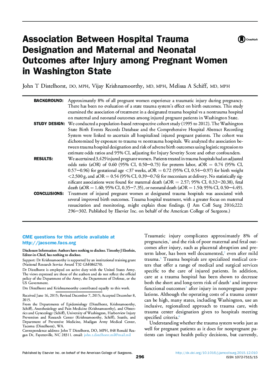 Association Between Hospital Trauma Designation and Maternal and Neonatal Outcomes after Injury among Pregnant Women in Washington State 