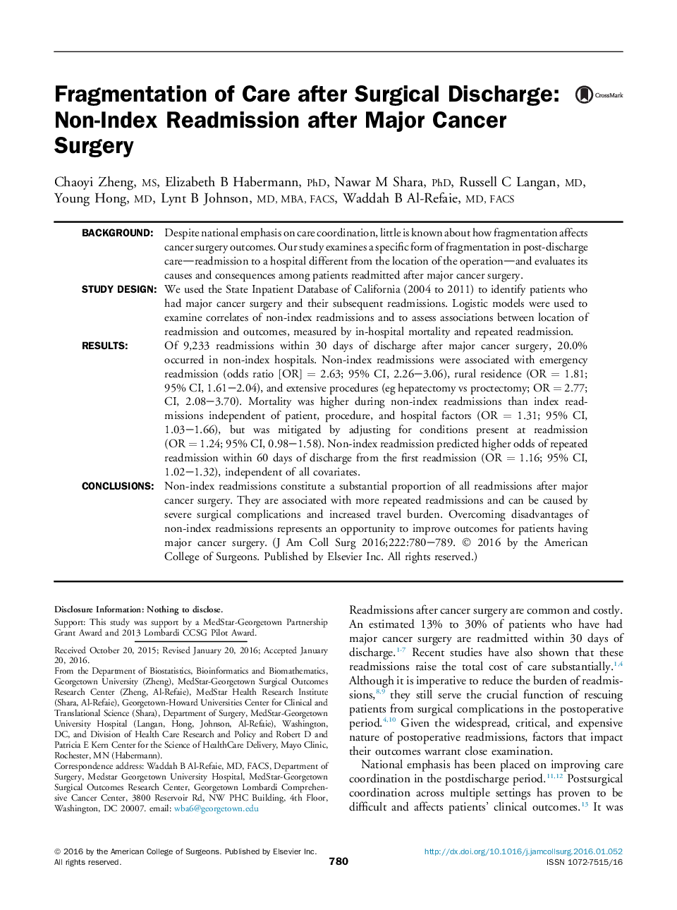 Fragmentation of Care after Surgical Discharge: Non-Index Readmission after Major Cancer Surgery