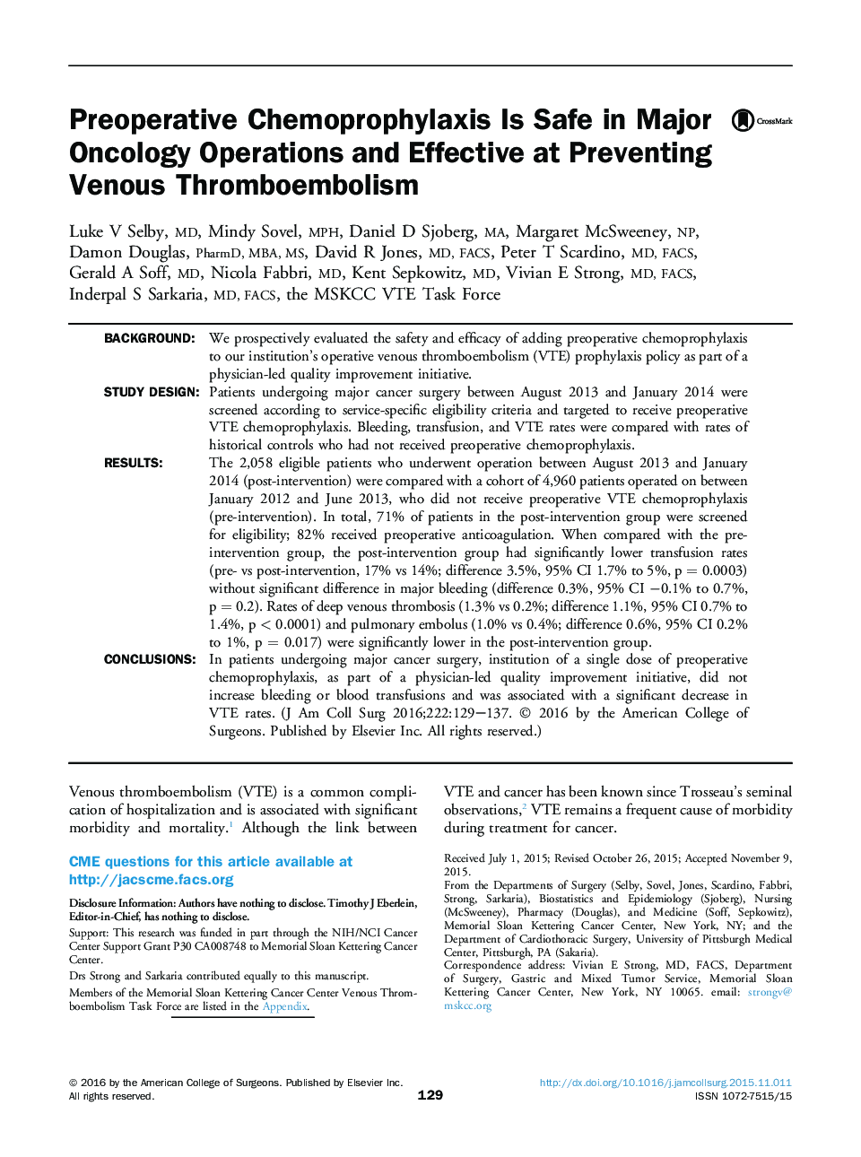 Preoperative Chemoprophylaxis Is Safe in Major Oncology Operations and Effective at Preventing Venous Thromboembolism 