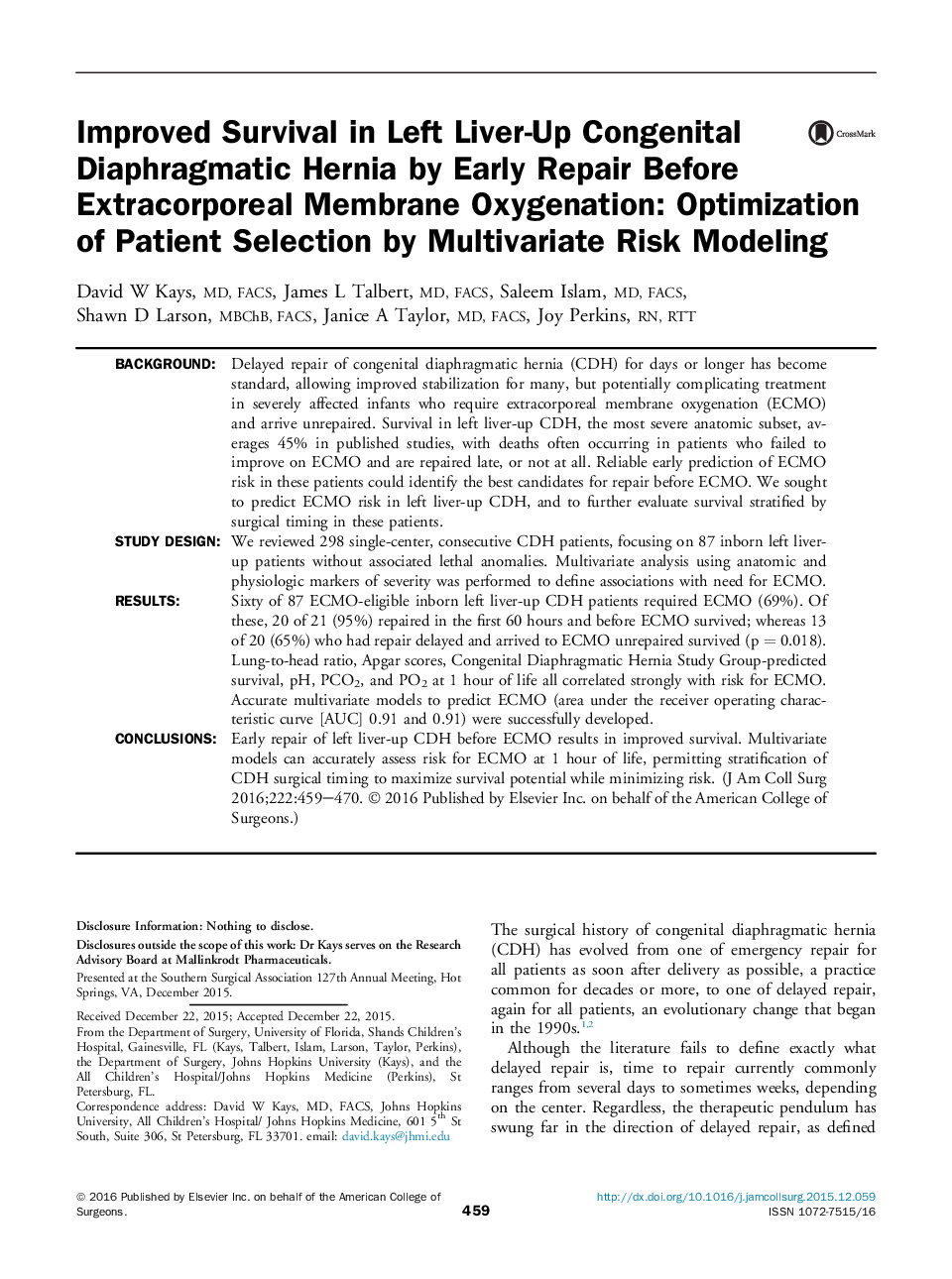 Improved Survival in Left Liver-Up Congenital Diaphragmatic Hernia by Early Repair Before Extracorporeal Membrane Oxygenation: Optimization of Patient Selection by Multivariate Risk Modeling 