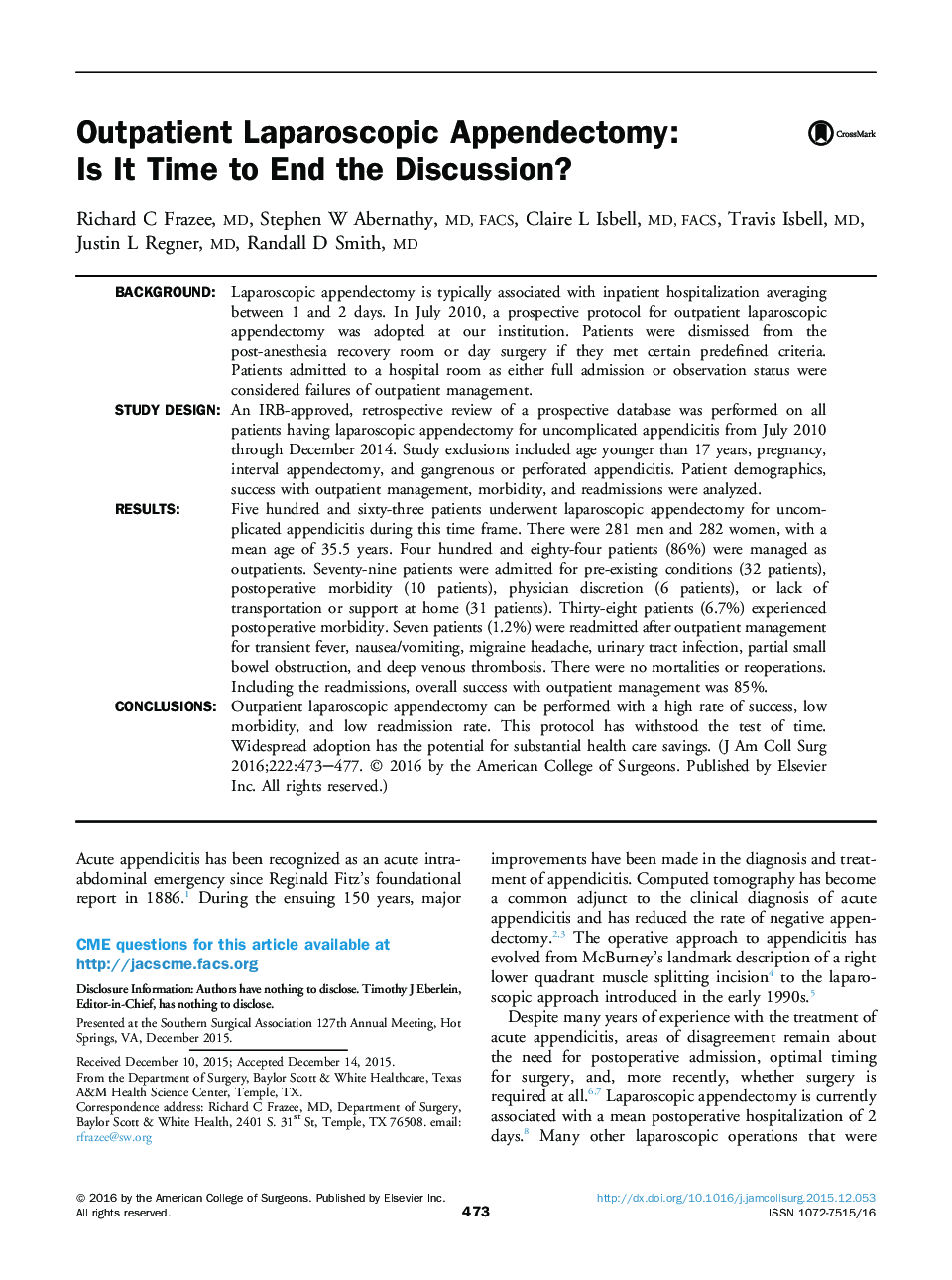 Outpatient Laparoscopic Appendectomy: Is It Time to End the Discussion? 