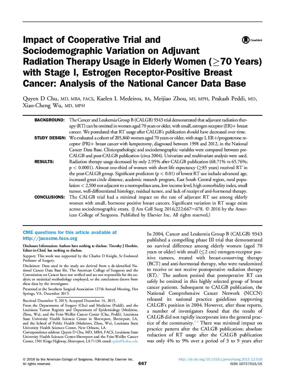 Impact of Cooperative Trial and Sociodemographic Variation on Adjuvant Radiation Therapy Usage in Elderly Women (≥70 Years) with Stage I, Estrogen Receptor-Positive Breast Cancer: Analysis of the National Cancer Data Base 