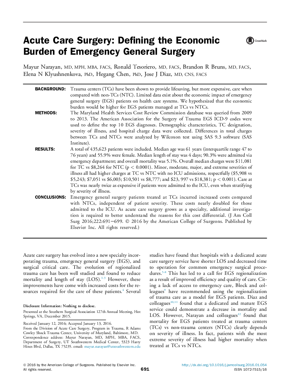 Acute Care Surgery: Defining the Economic Burden of Emergency General Surgery 