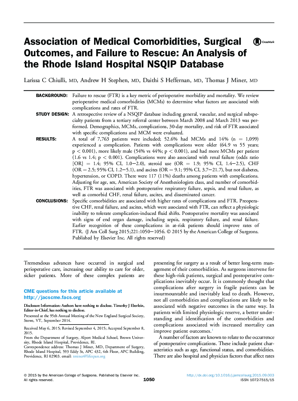 Association of Medical Comorbidities, Surgical Outcomes, and Failure to Rescue: An Analysis of the Rhode Island Hospital NSQIP Database 
