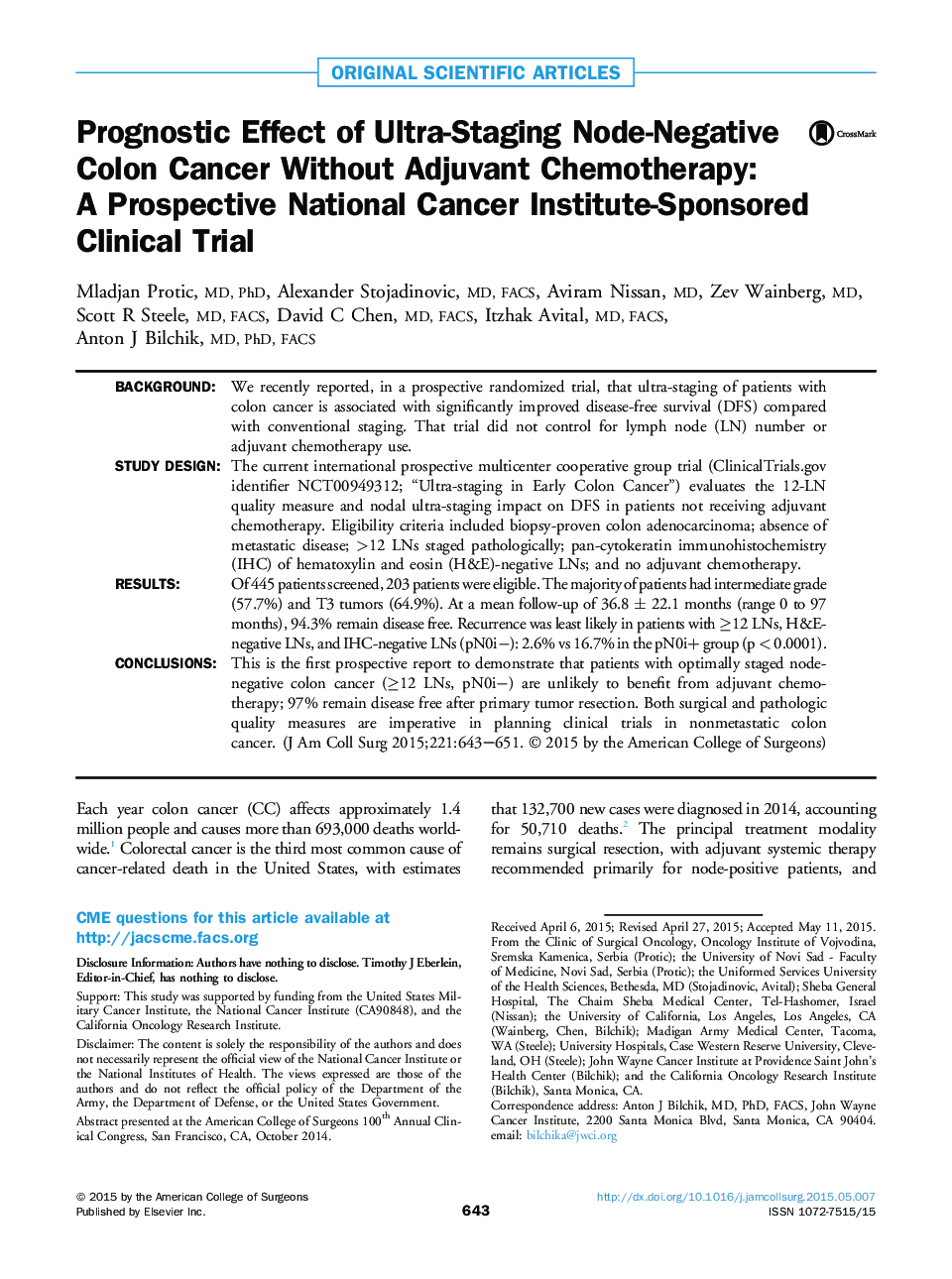 Prognostic Effect of Ultra-Staging Node-Negative Colon Cancer Without Adjuvant Chemotherapy: A Prospective National Cancer Institute-Sponsored Clinical Trial 