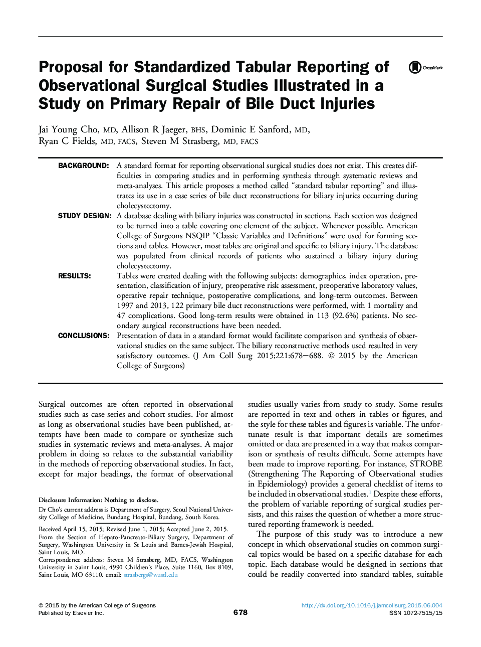 Proposal for Standardized Tabular Reporting of Observational Surgical Studies Illustrated in a Study on Primary Repair of Bile Duct Injuries 