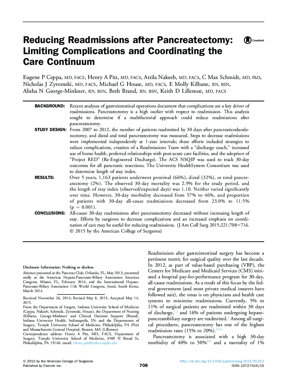 Reducing Readmissions after Pancreatectomy: Limiting Complications and Coordinating the Care Continuum 