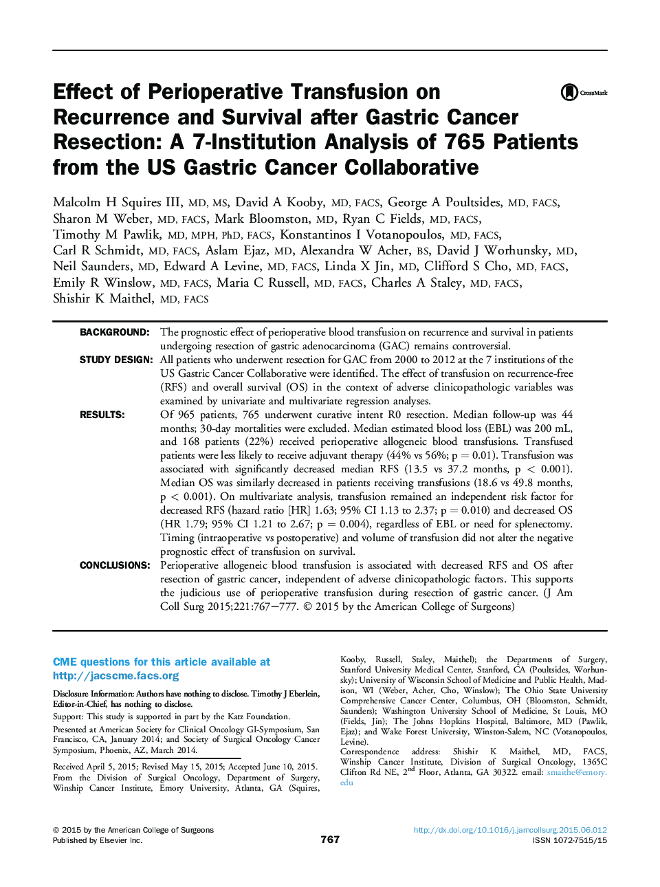 Effect of Perioperative Transfusion on Recurrence and Survival after Gastric Cancer Resection: A 7-Institution Analysis of 765 Patients from the US Gastric Cancer Collaborative 