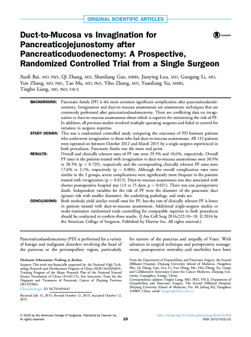 Duct-to-Mucosa vs Invagination for Pancreaticojejunostomy after Pancreaticoduodenectomy: A Prospective, Randomized Controlled Trial from a Single Surgeon 