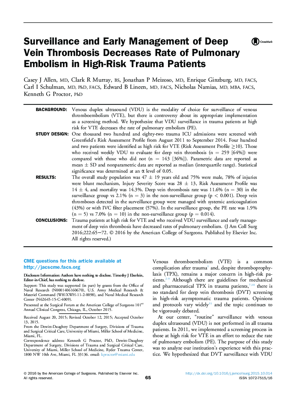 Surveillance and Early Management of Deep Vein Thrombosis Decreases Rate of Pulmonary Embolism in High-Risk Trauma Patients 