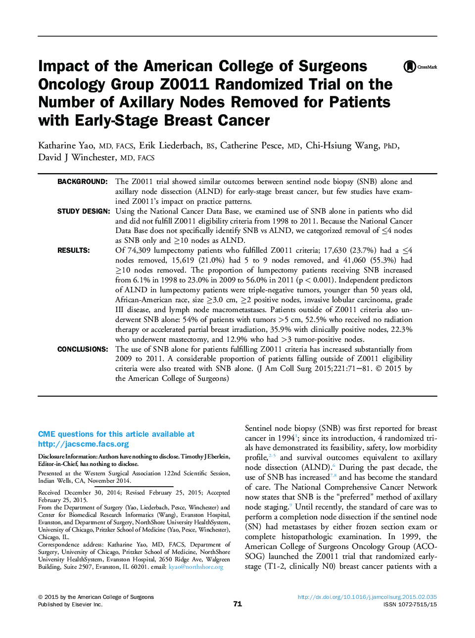 Impact of the American College of Surgeons Oncology Group Z0011 Randomized Trial on the Number of Axillary Nodes Removed for Patients with Early-Stage Breast Cancer 