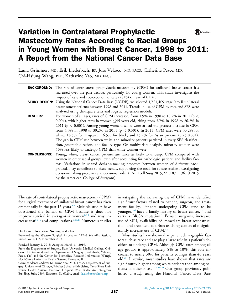 Variation in Contralateral Prophylactic Mastectomy Rates According to Racial Groups in Young Women with Breast Cancer, 1998 to 2011: A Report from the National Cancer Data Base 