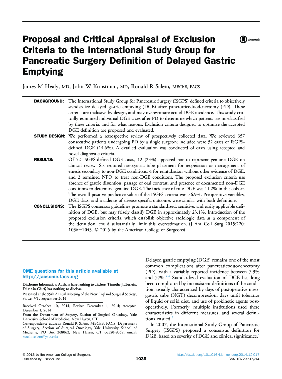 Proposal and Critical Appraisal of Exclusion Criteria to the International Study Group for Pancreatic Surgery Definition of Delayed Gastric Emptying