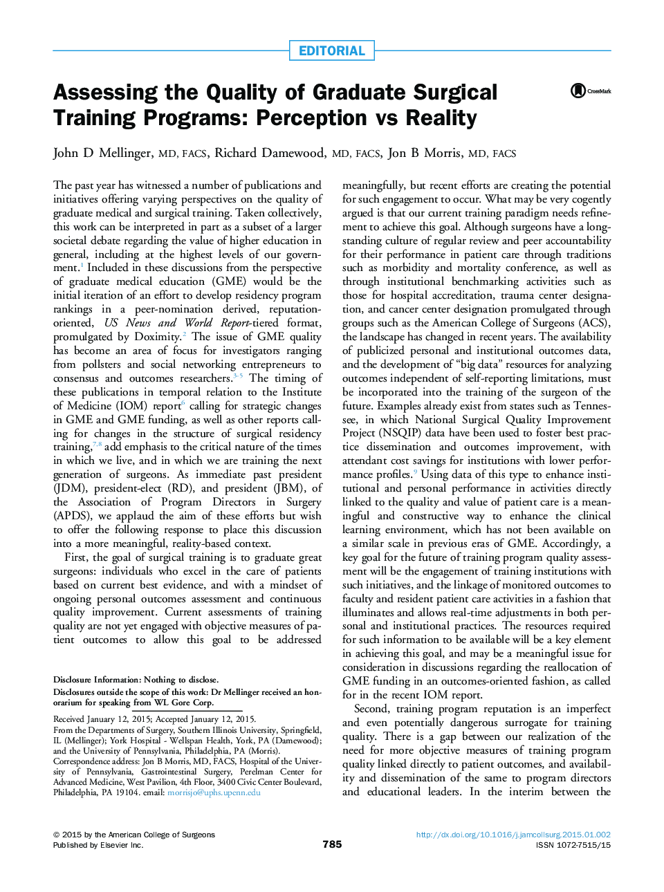 Assessing the Quality of Graduate Surgical Training Programs: Perception vs Reality
