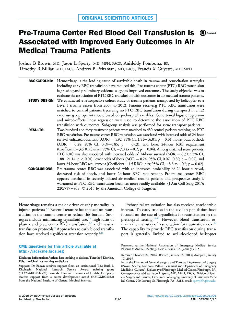 Pre-Trauma Center Red Blood Cell Transfusion Is Associated with Improved Early Outcomes in Air Medical Trauma Patients 