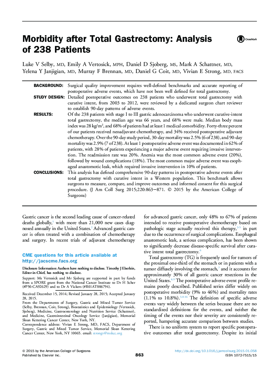 Morbidity after Total Gastrectomy: Analysis ofÂ 238 Patients