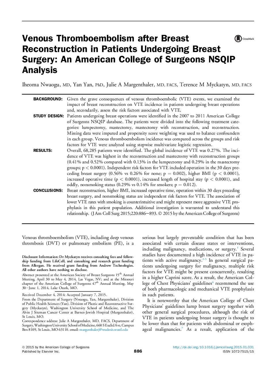 Venous Thromboembolism after Breast Reconstruction in Patients Undergoing Breast Surgery: An American College of Surgeons NSQIP Analysis 