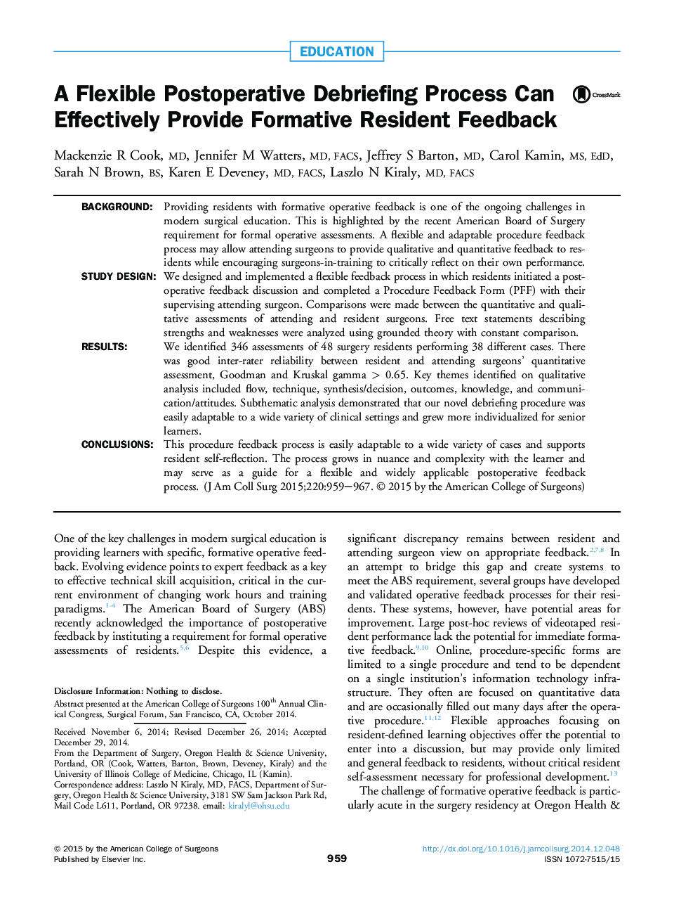 A Flexible Postoperative Debriefing Process Can Effectively Provide Formative Resident Feedback 