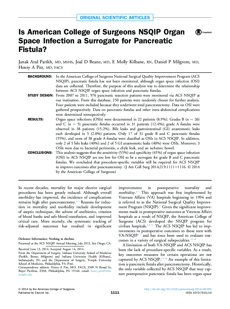 Is American College of Surgeons NSQIP Organ Space Infection a Surrogate for Pancreatic Fistula? 