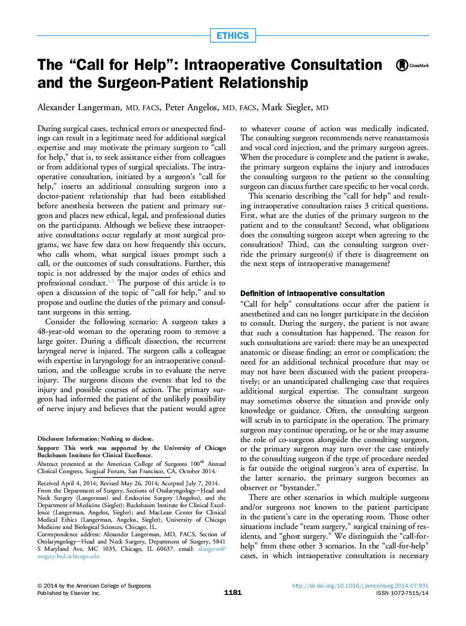 The “Call for Help”: Intraoperative Consultation and the Surgeon-Patient Relationship