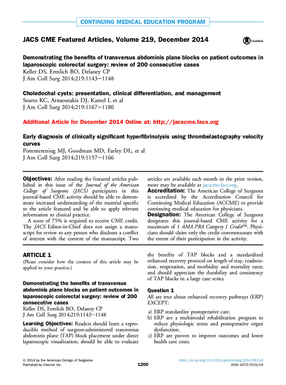 JACS CME Featured Articles, Volume 219, December 2014
