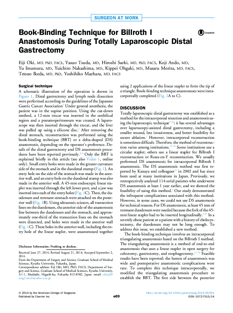 Book-Binding Technique for Billroth I Anastomosis During Totally Laparoscopic Distal Gastrectomy