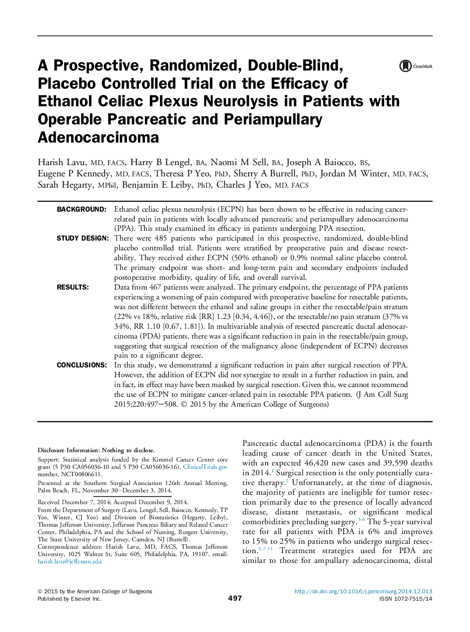 یک آزمایش موثر بر روی کارآزمایی بالینی تصادفی شده، دو سو کور، کنترل شده با پلاسبو درمورد اثربخشی نورولیسم سلولی سلیاک در بیماران مبتلا به پانکراس اپنجال و آدنوکارسینوم پرومیپولار 