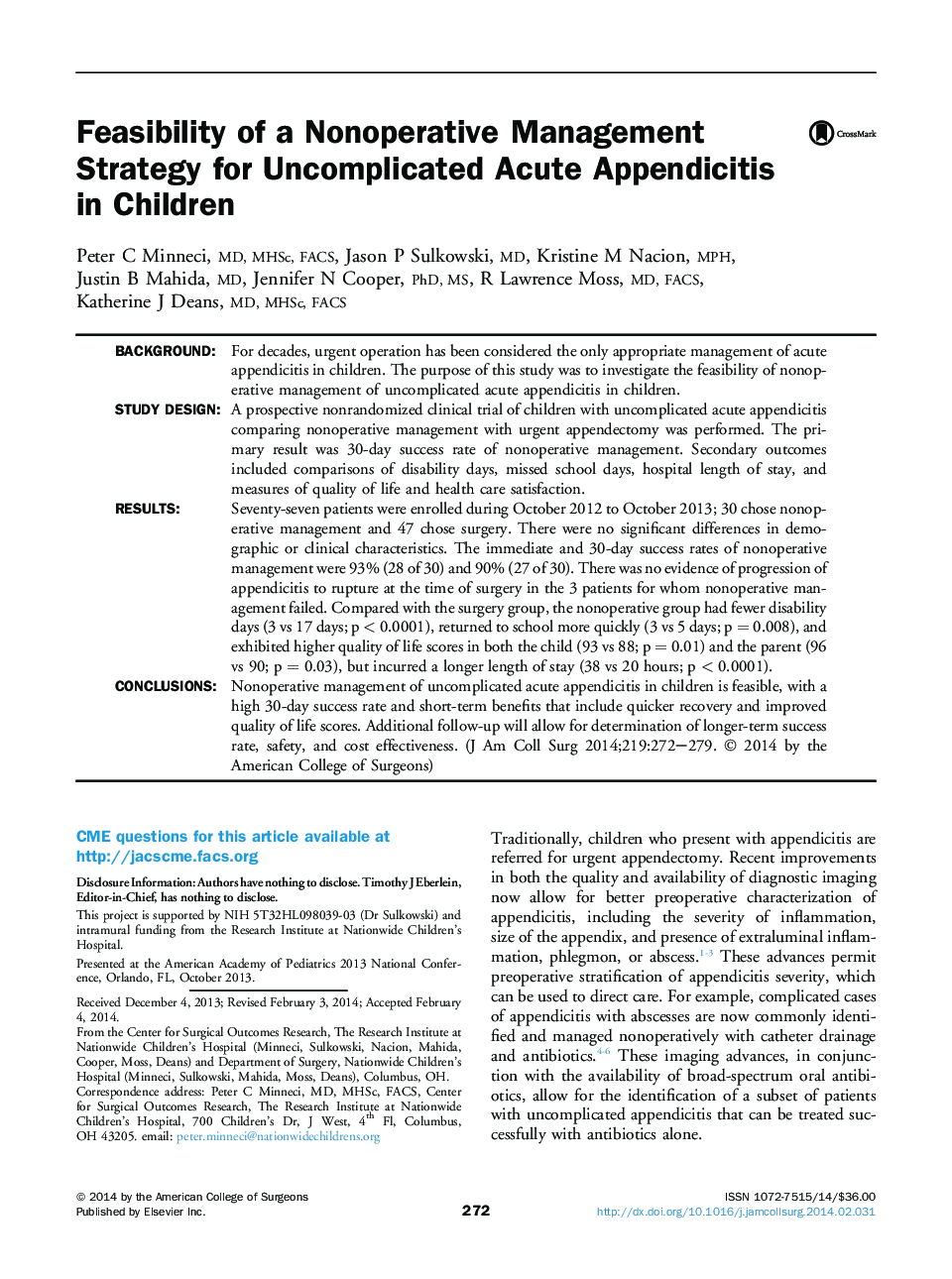 Feasibility of a Nonoperative Management Strategy for Uncomplicated Acute Appendicitis in Children 