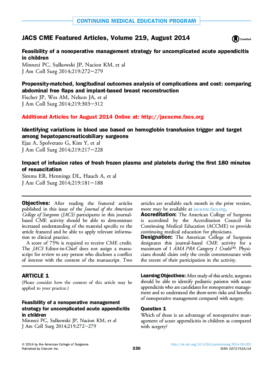 JACS CME Featured Articles, Volume 219, August 2014