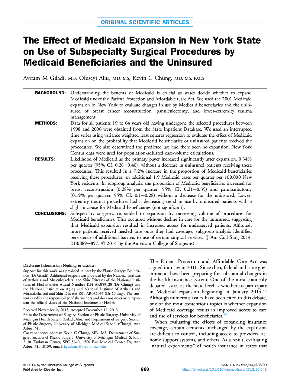 The Effect of Medicaid Expansion in New York State on Use of Subspecialty Surgical Procedures by Medicaid Beneficiaries and the Uninsured 